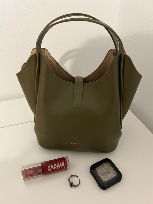 NIKOLÉ “LEA” — Khaki Green Leather Bag with Cosmetic Pouch