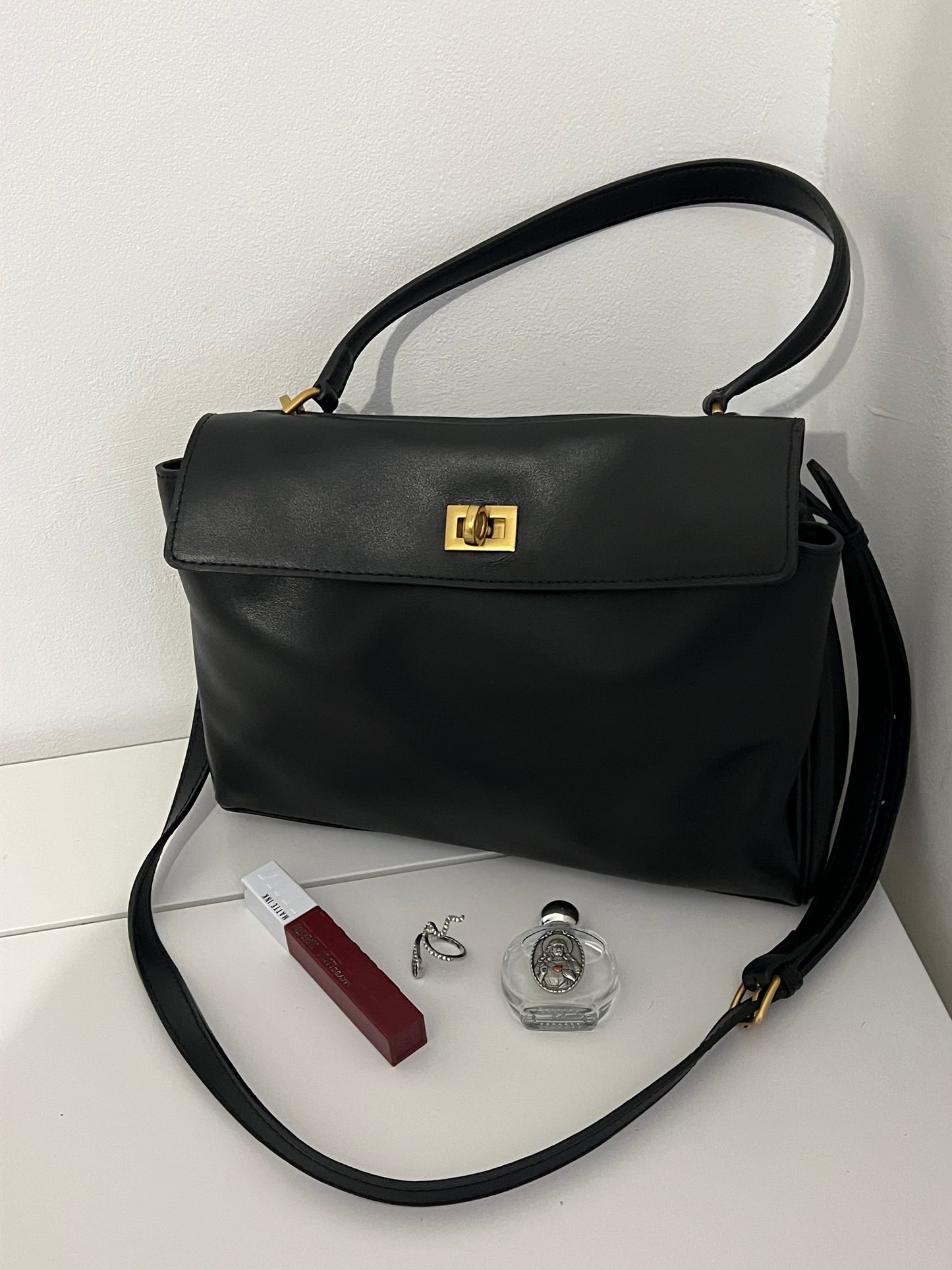 Black Leather Luxury Shoulder Bag with Gold Hardware
