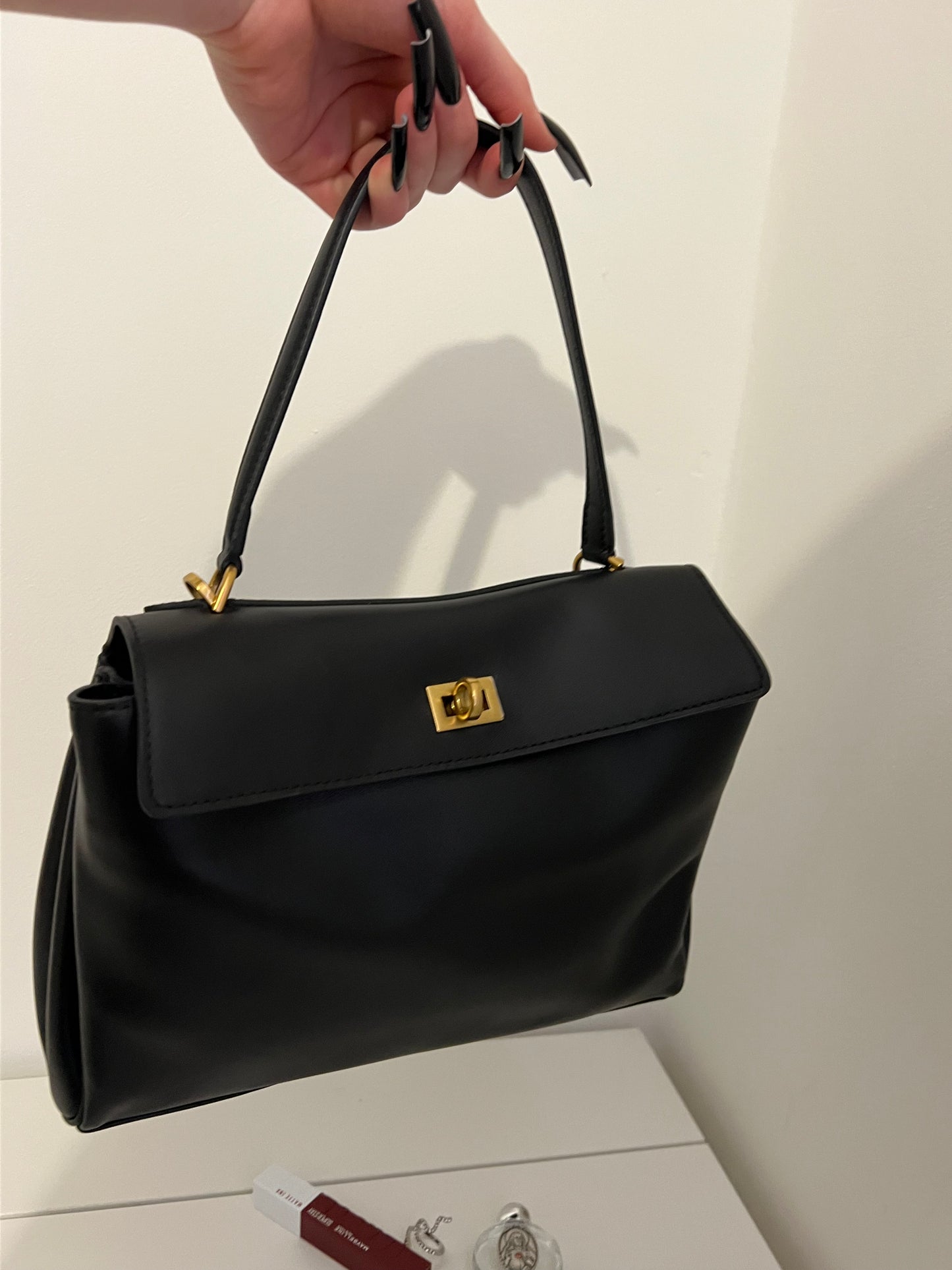 Black Leather Luxury Shoulder Bag with Gold Hardware