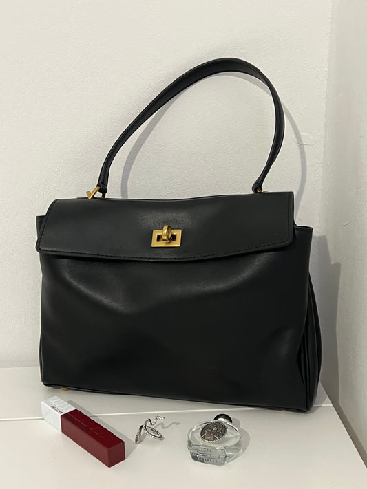 Black Leather Luxury Shoulder Bag with Gold Hardware