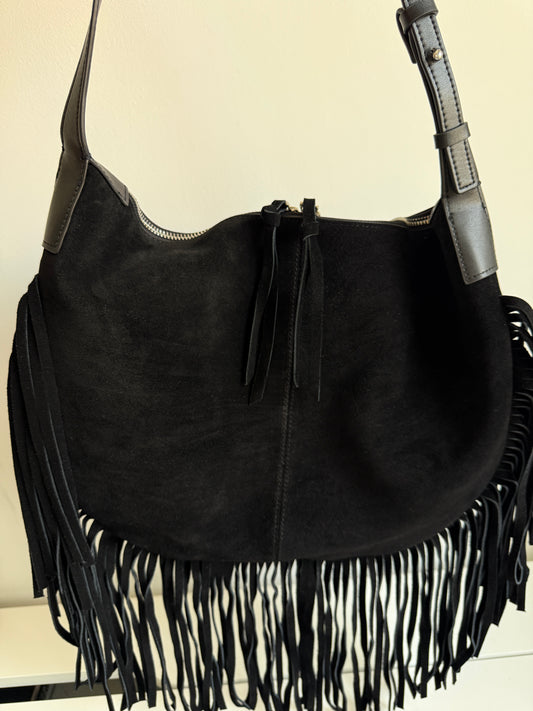 NIKOLÉ  JANE  – Black Suede Fringe Shoulder Bag | Western Chic