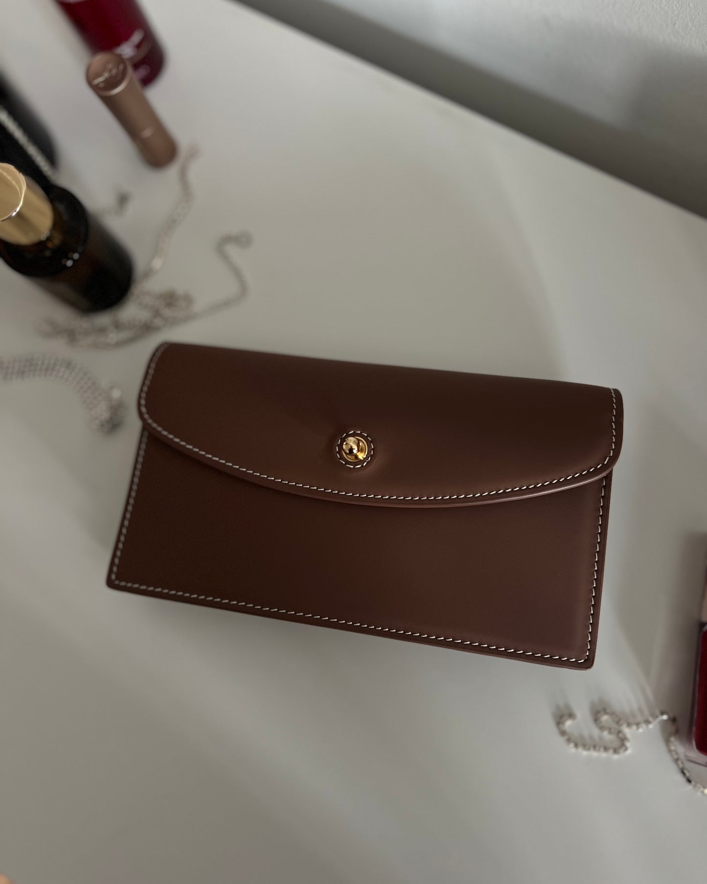 Chocolate Brown Leather Crossbody Bag with Gold Clasp