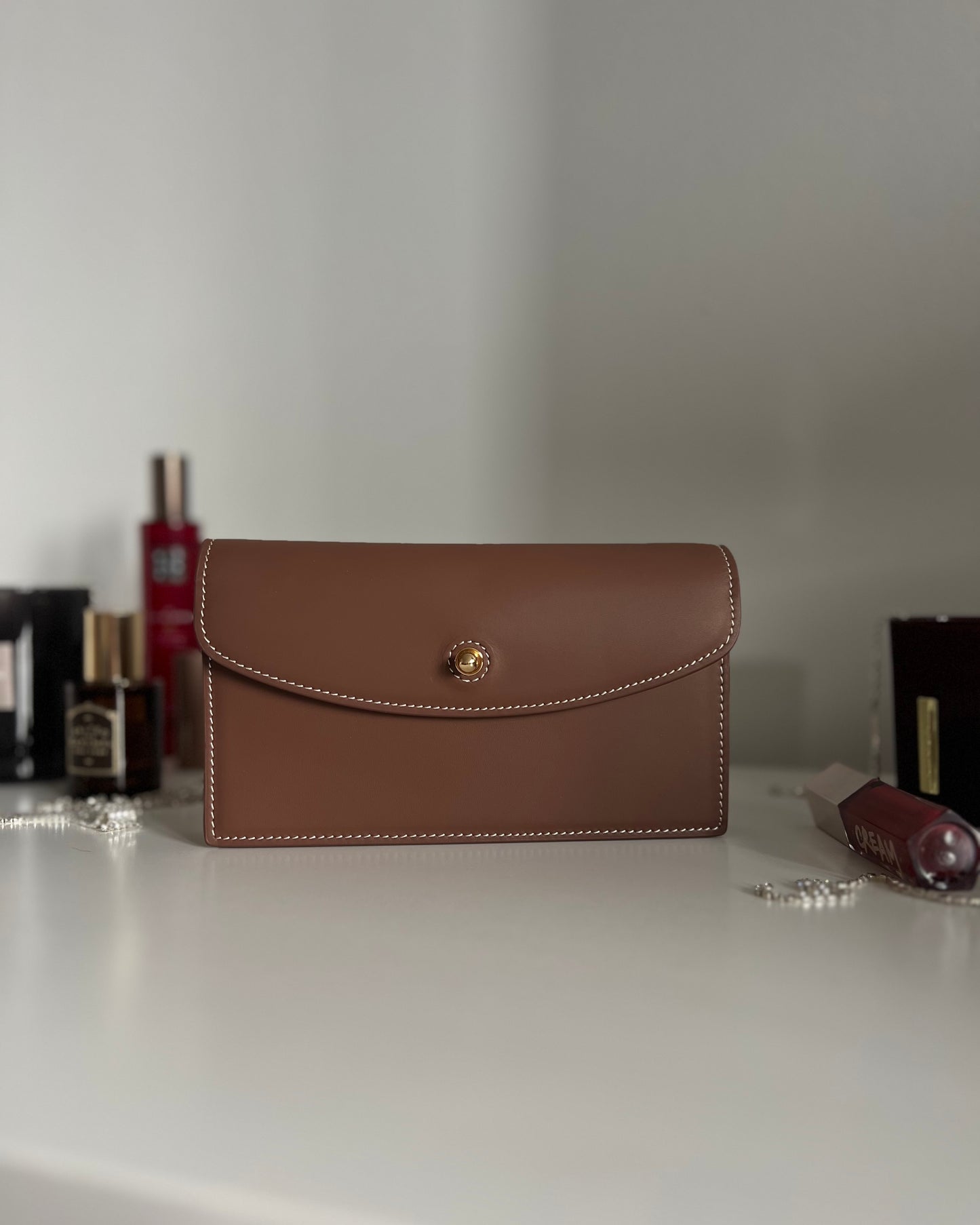 Chocolate Brown Leather Crossbody Bag with Gold Clasp