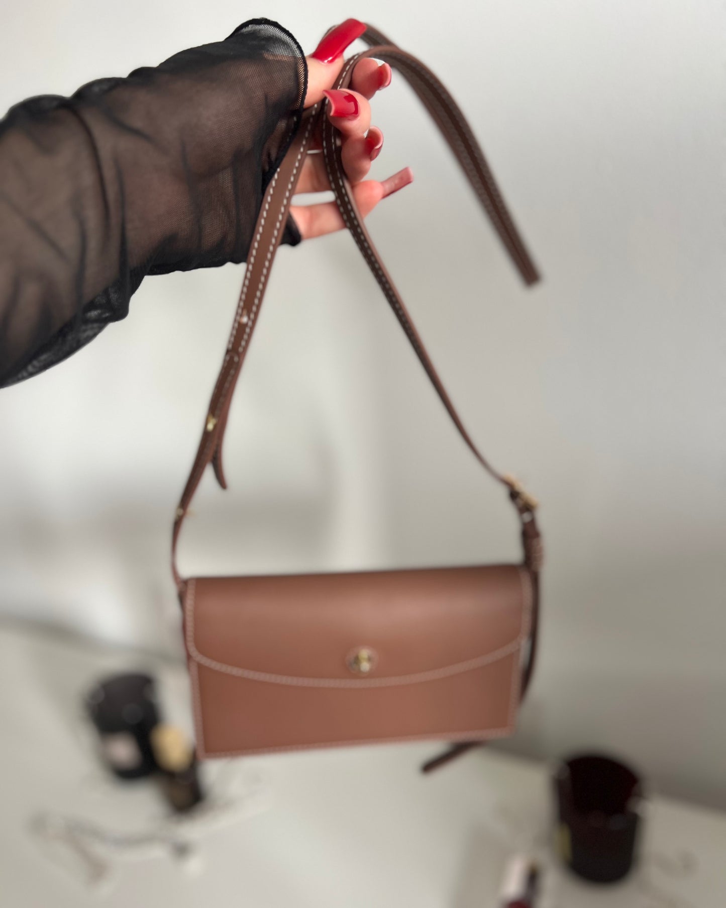 Chocolate Brown Leather Crossbody Bag with Gold Clasp