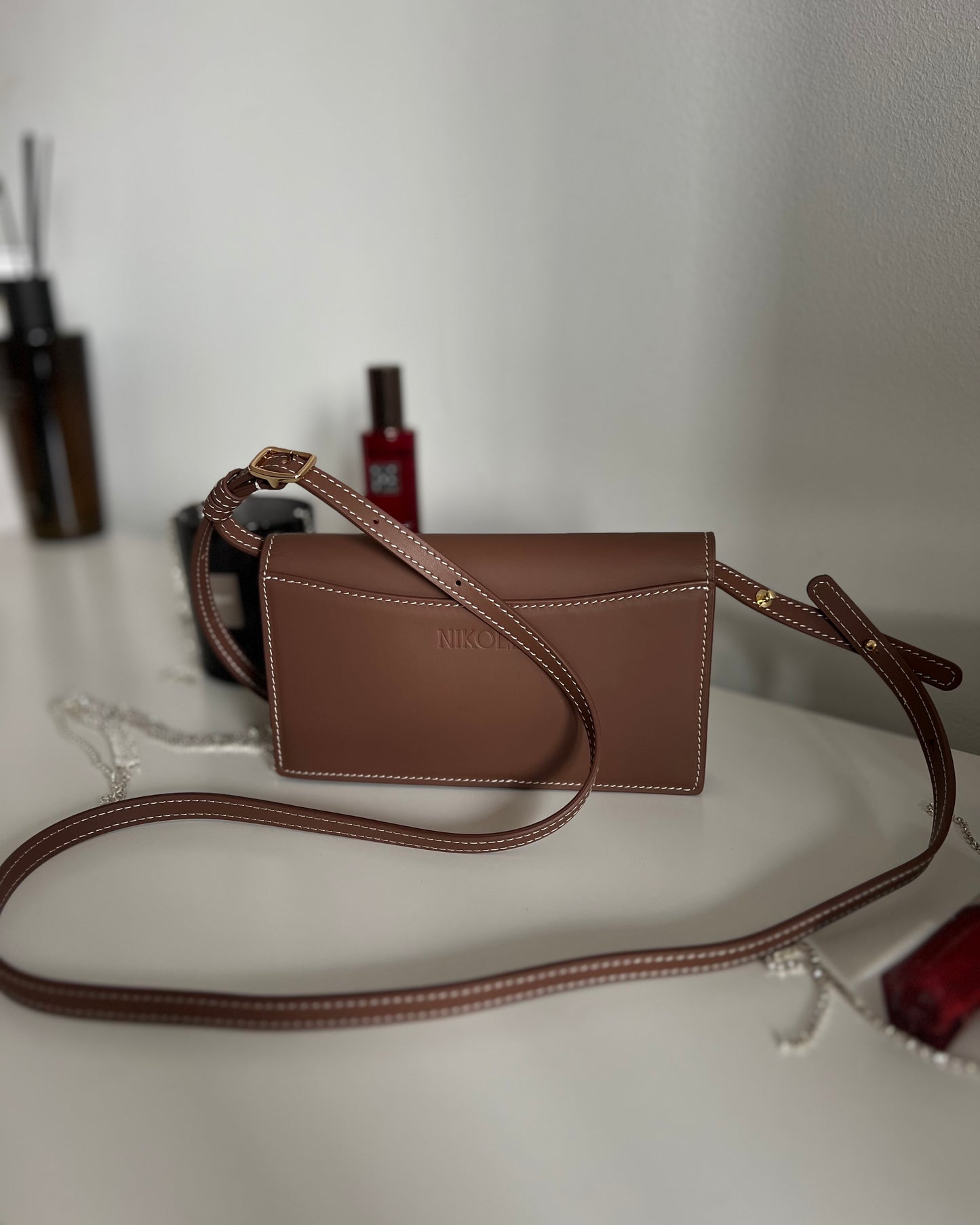 Chocolate Brown Leather Crossbody Bag with Gold Clasp