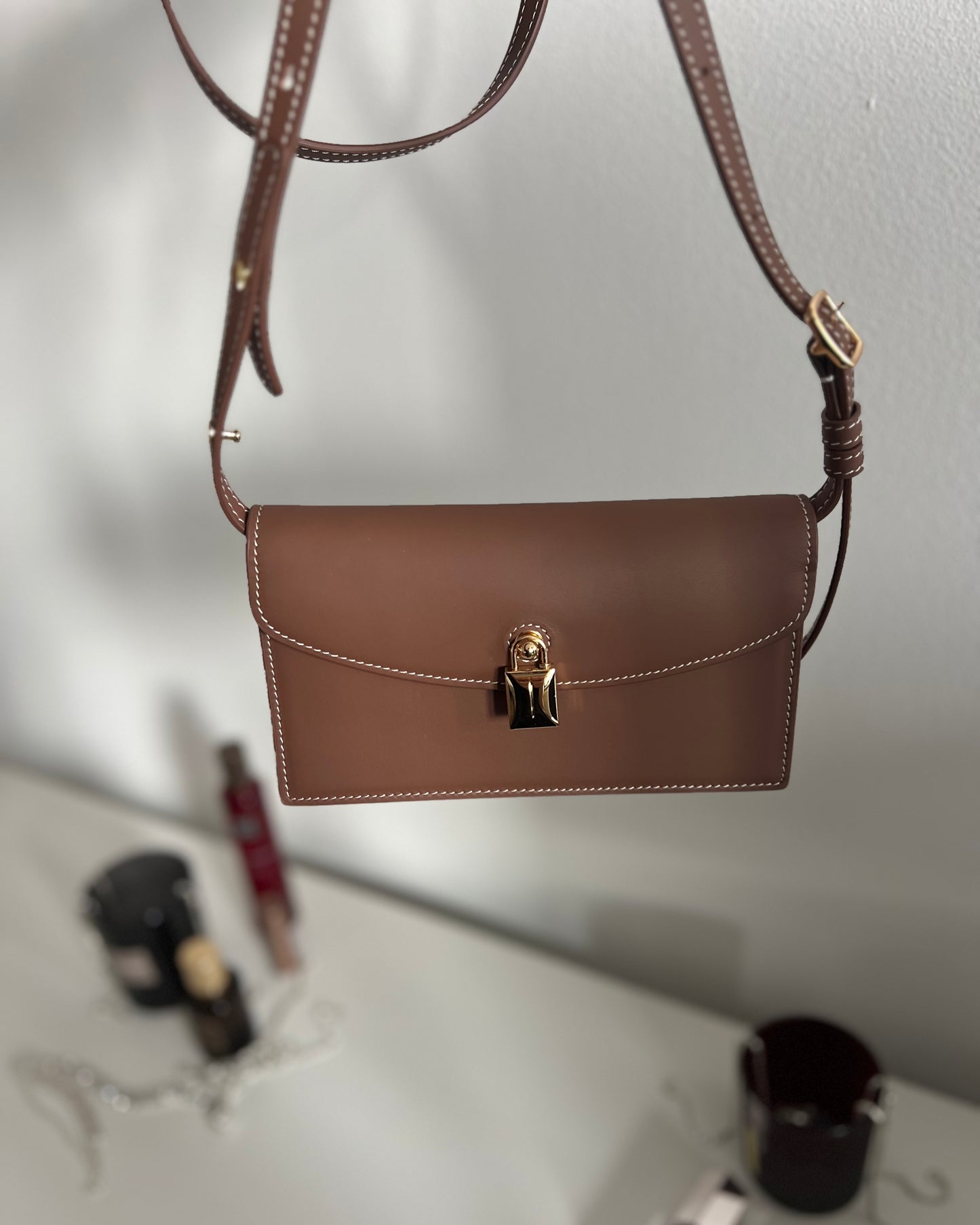 Chocolate Brown Leather Crossbody Bag with Gold Clasp