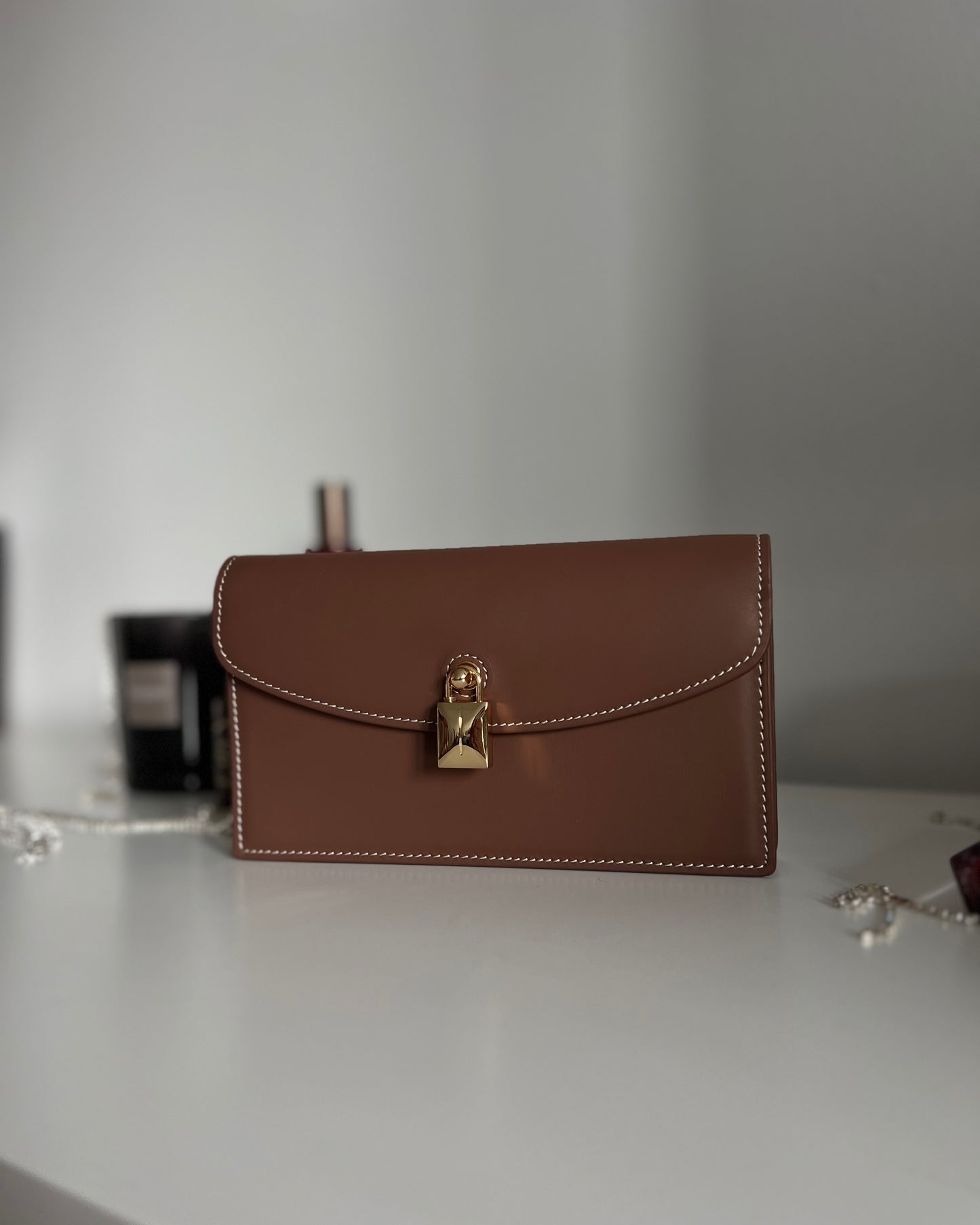 Chocolate Brown Leather Crossbody Bag with Gold Clasp