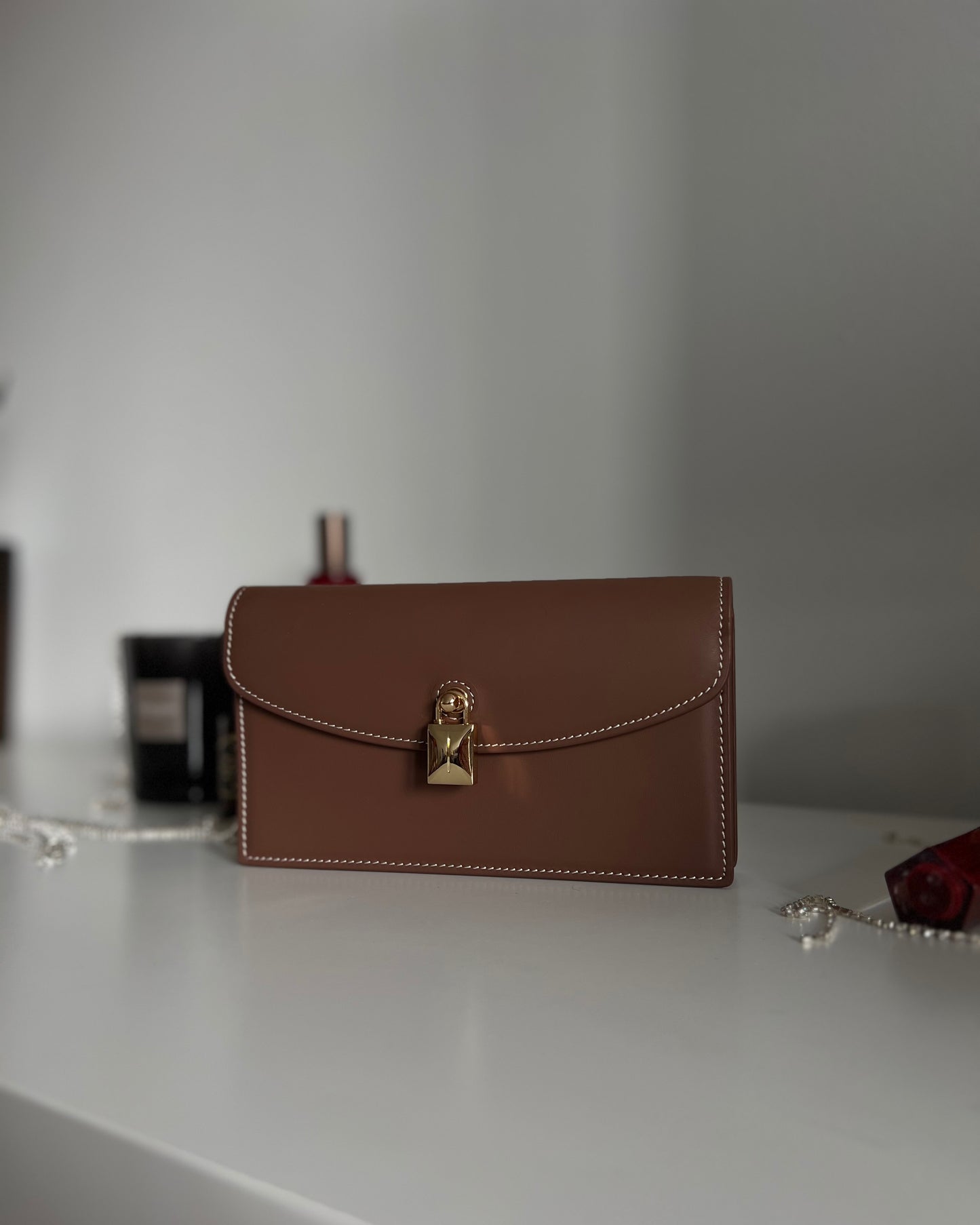 Chocolate Brown Leather Crossbody Bag with Gold Clasp