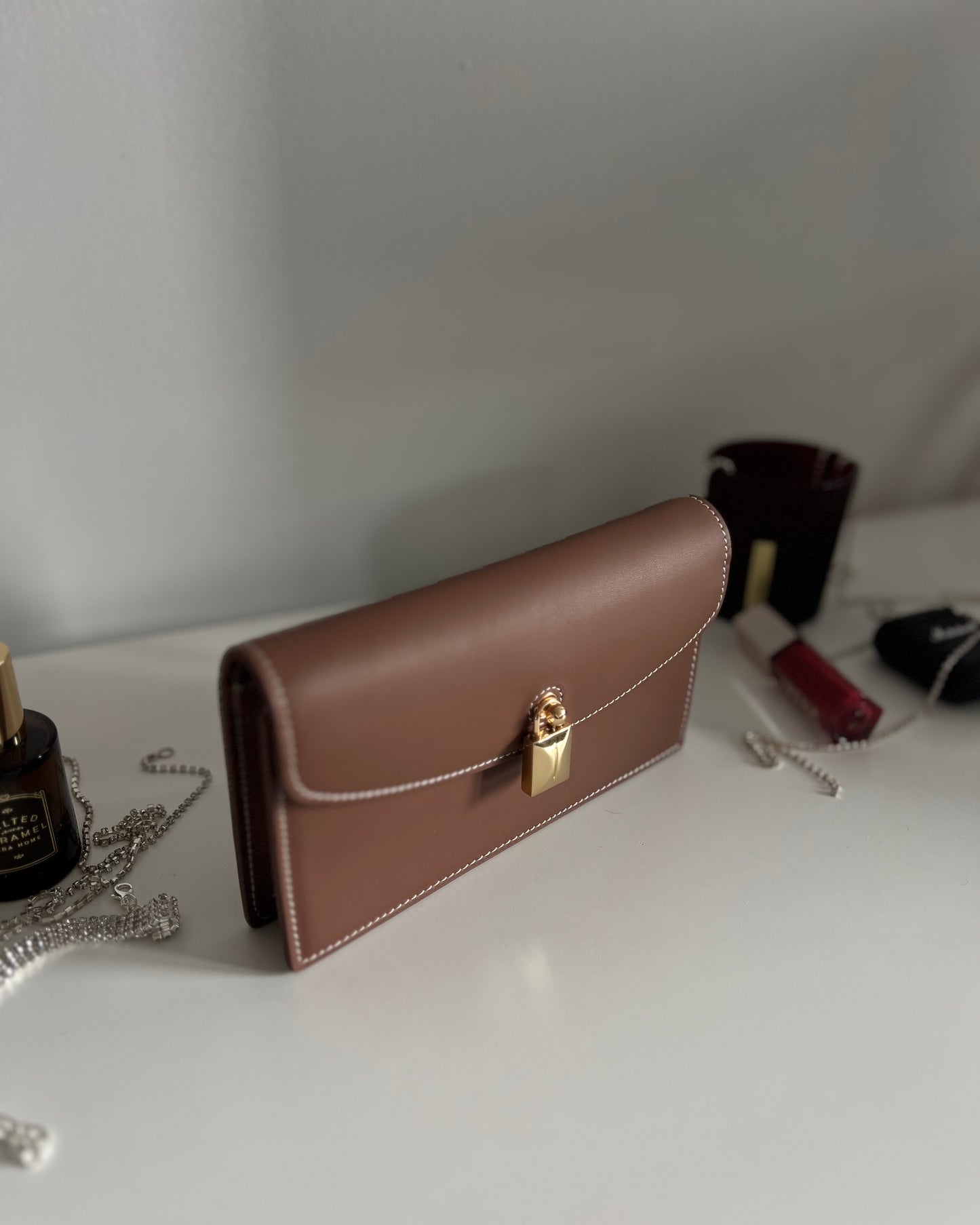 Chocolate Brown Leather Crossbody Bag with Gold Clasp