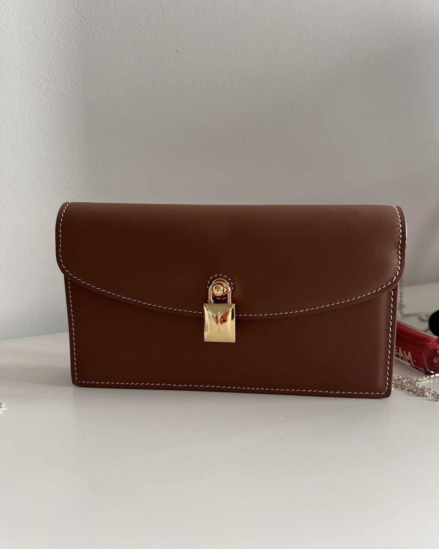 Chocolate Brown Leather Crossbody Bag with Gold Clasp