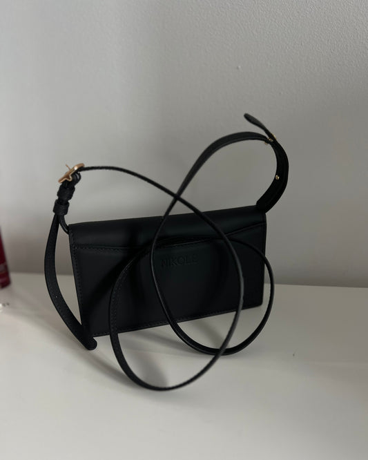 Black Leather Crossbody Bag with Gold Clasp