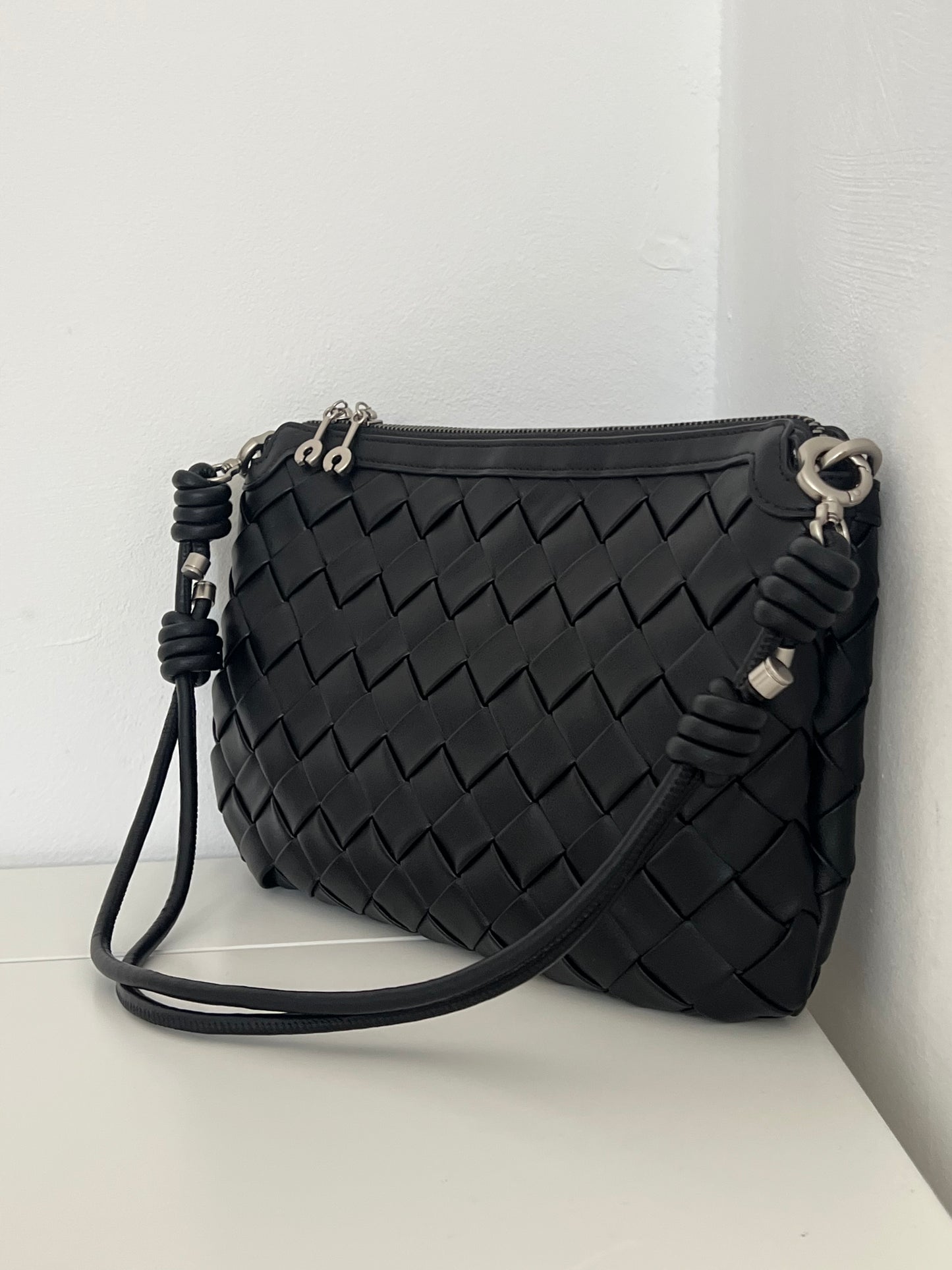EVA Black Woven Leather Bag – Luxury Shoulder, Clutch & Crossbody