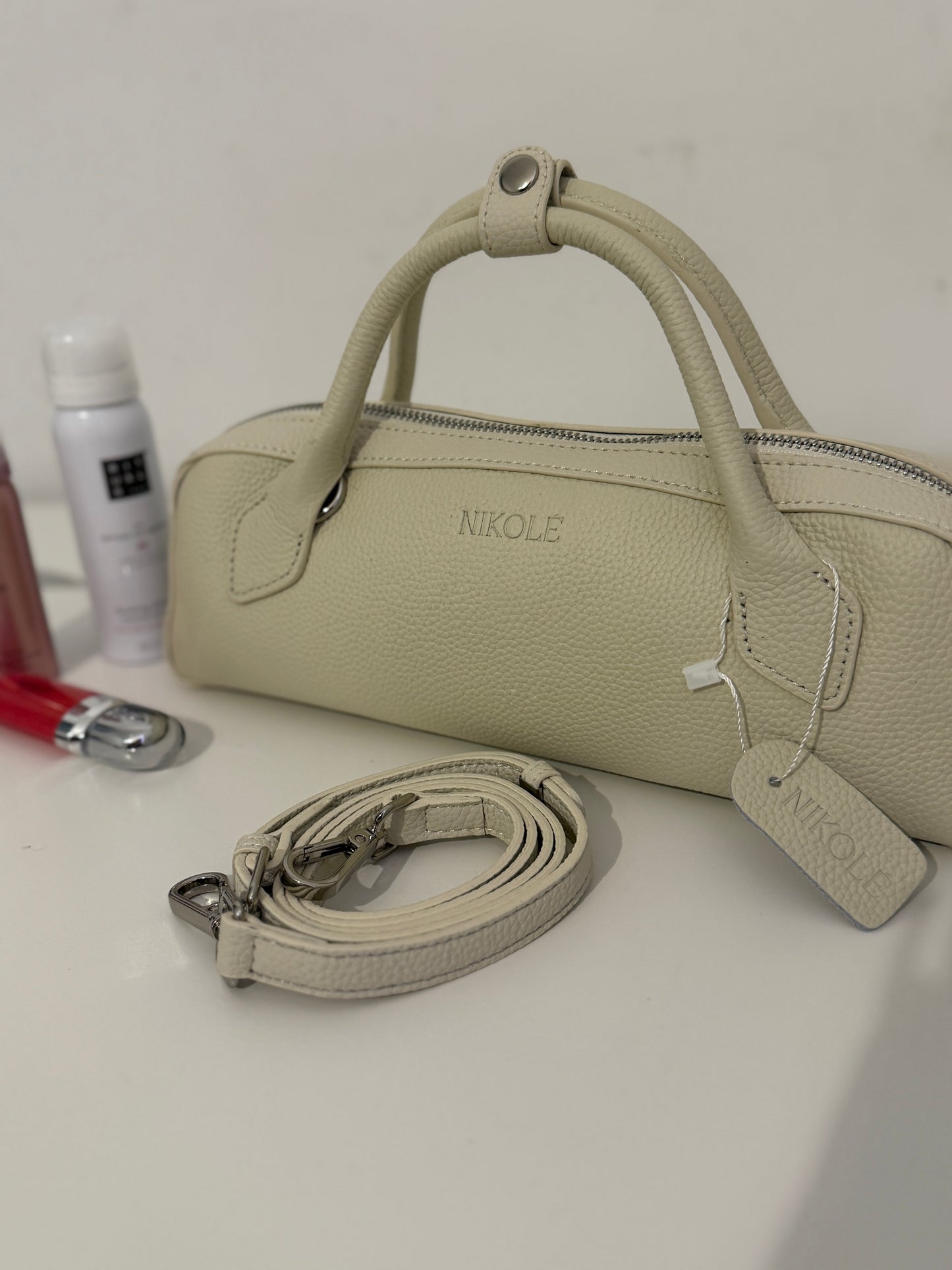 NIKOLÈ Leather Boston Bag – Milk Beige