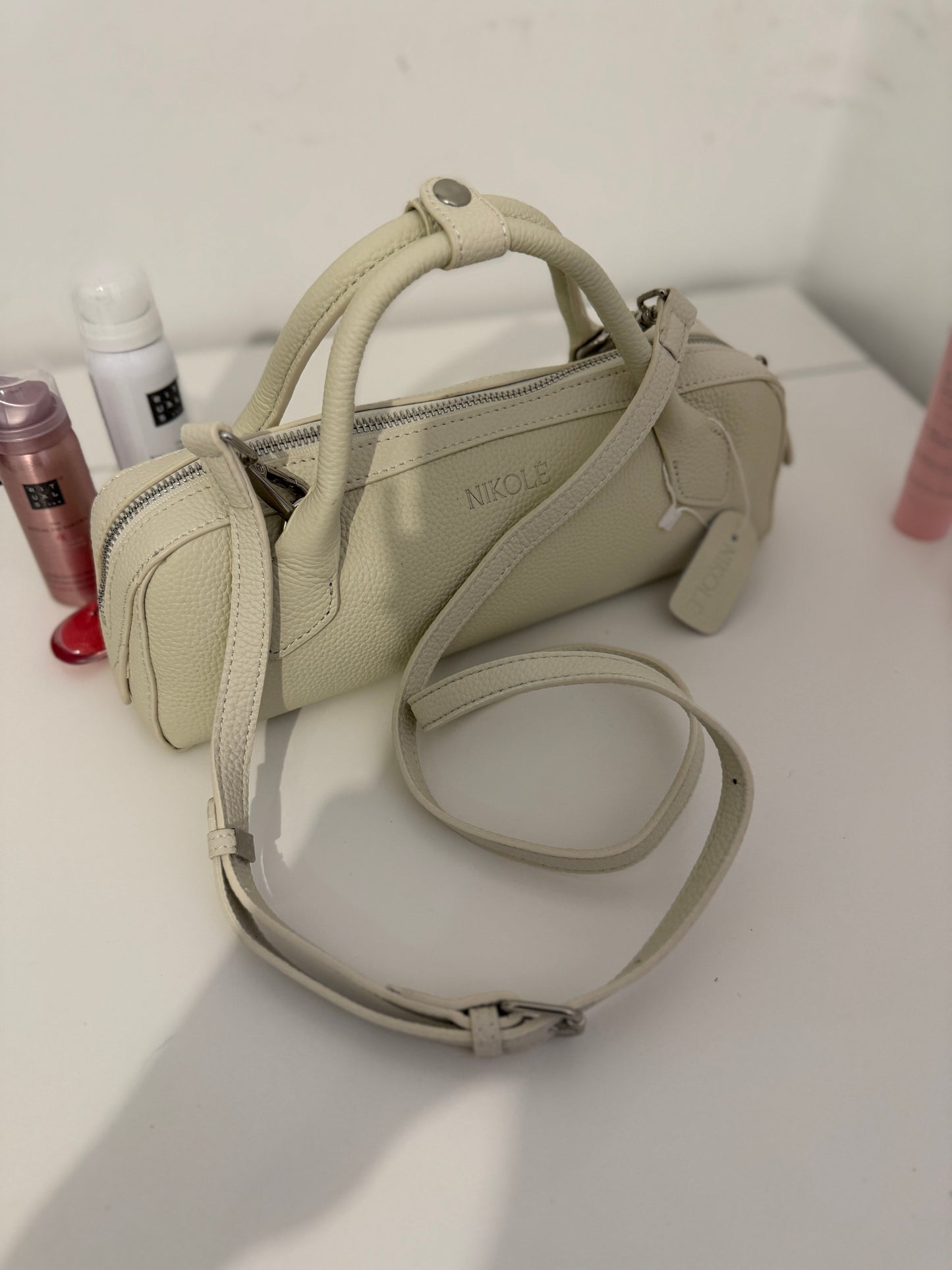 NIKOLÈ Leather Boston Bag – Milk Beige