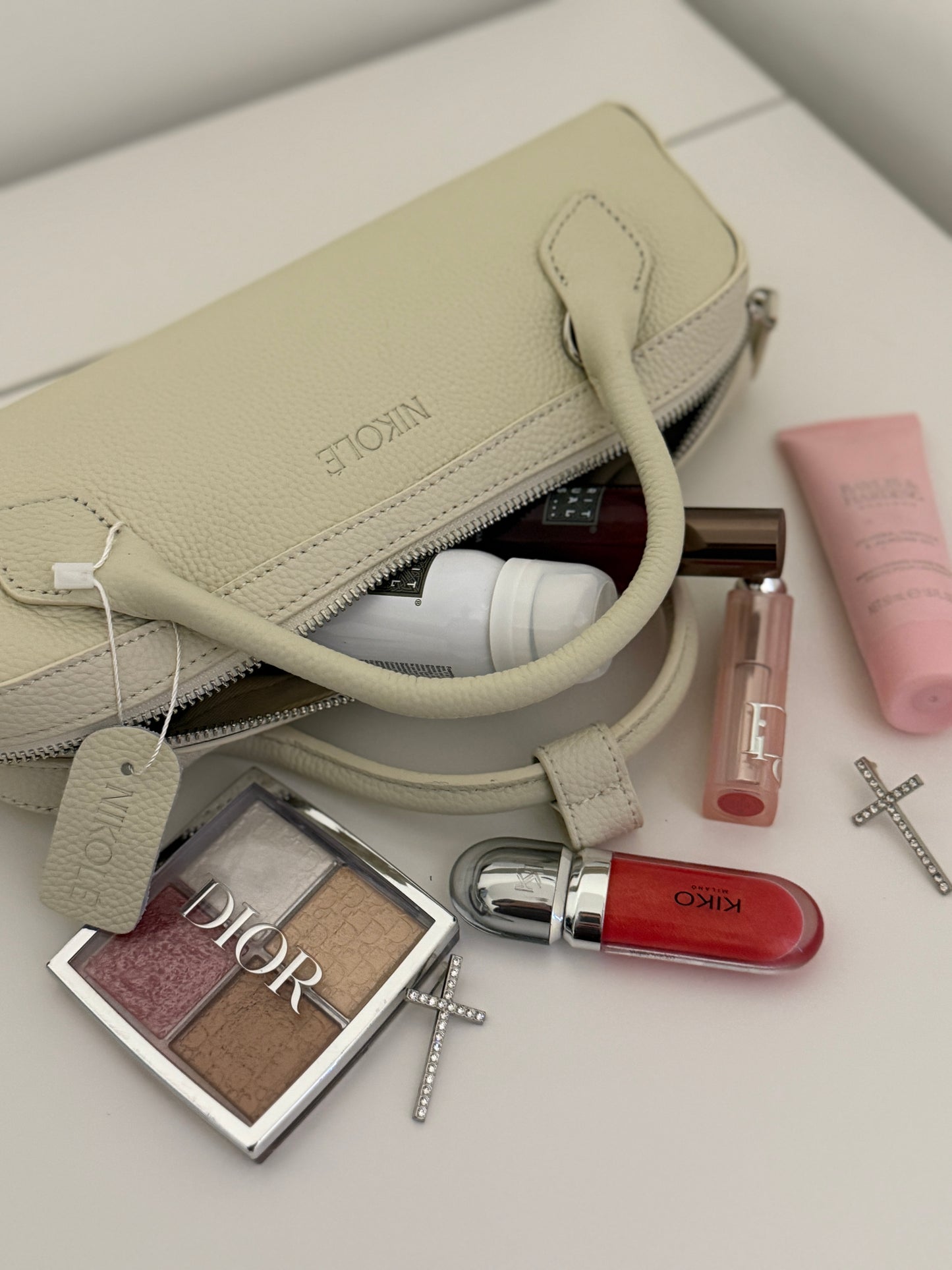 NIKOLÈ Leather Boston Bag – Milk Beige