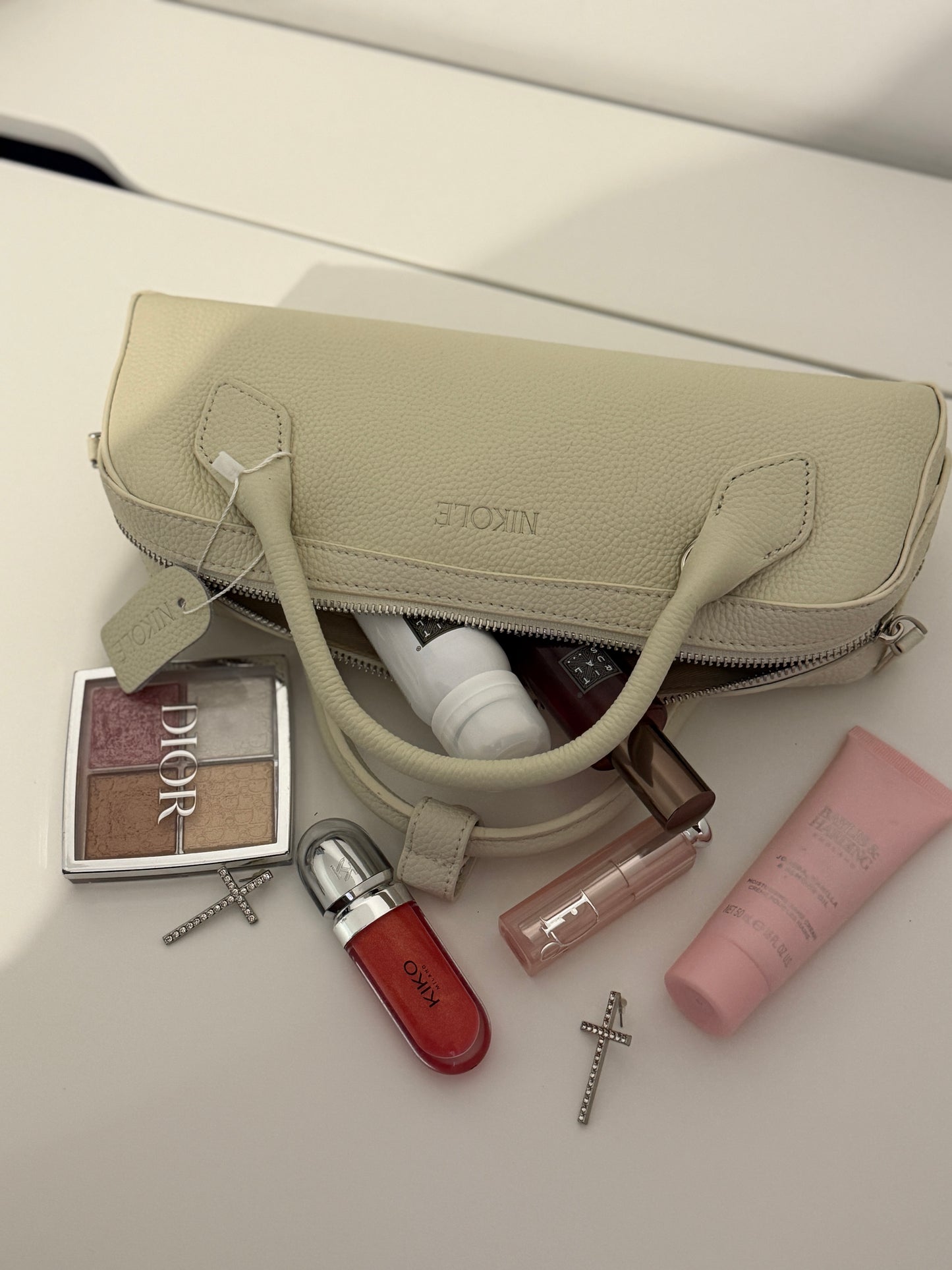 NIKOLÈ Leather Boston Bag – Milk Beige