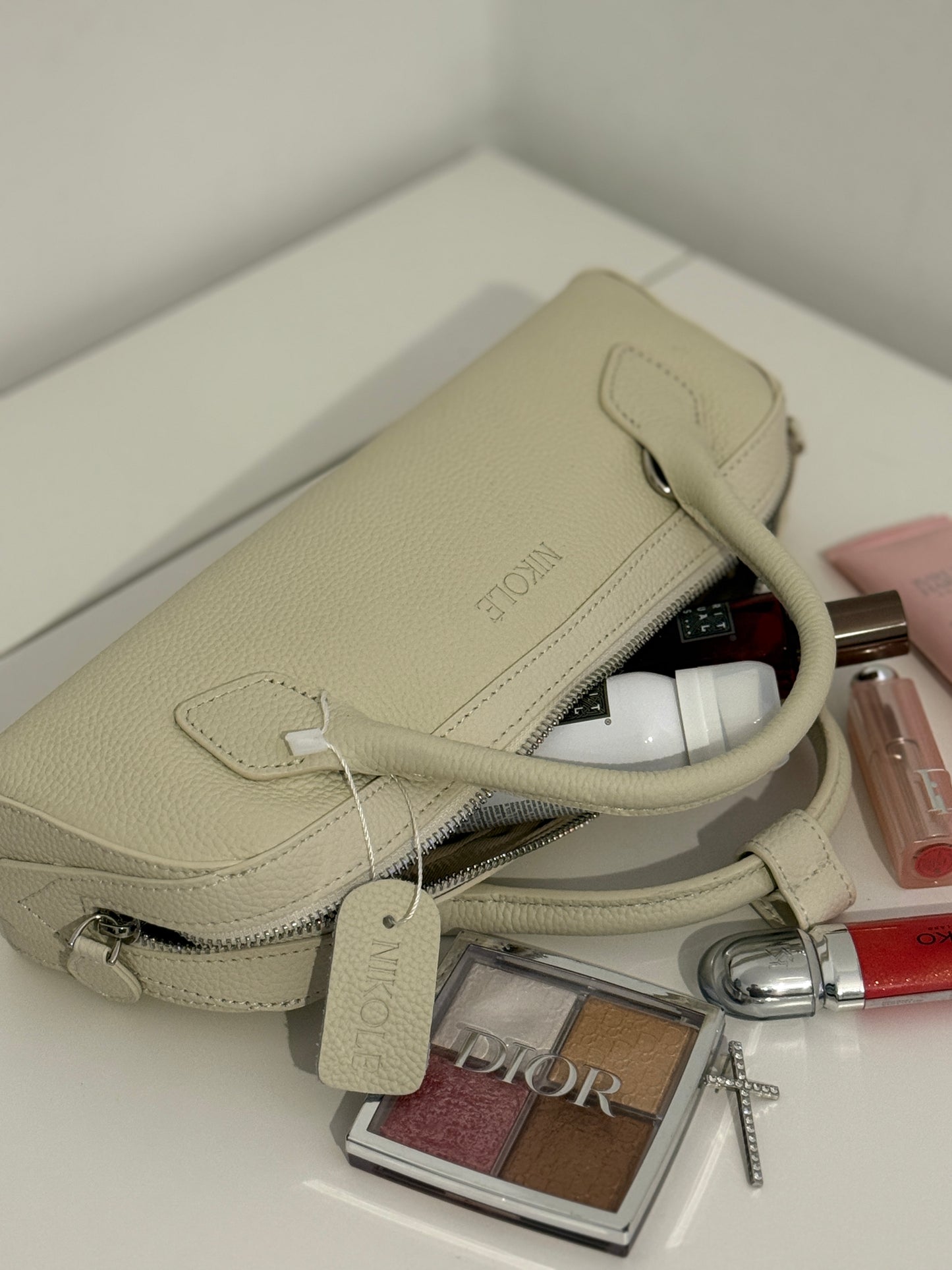 NIKOLÈ Leather Boston Bag – Milk Beige