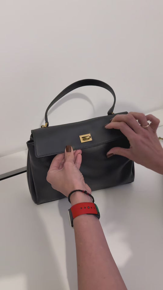 Black Leather Luxury Shoulder Bag with Gold Hardware